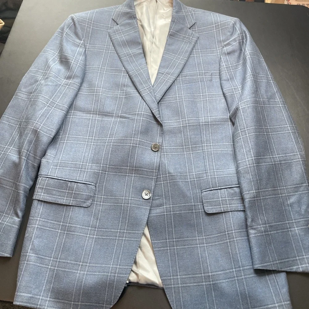 HART SCHAFFNER MARX 42R Wool Blue Gold Windowpane Blazer, Pocket sown shut